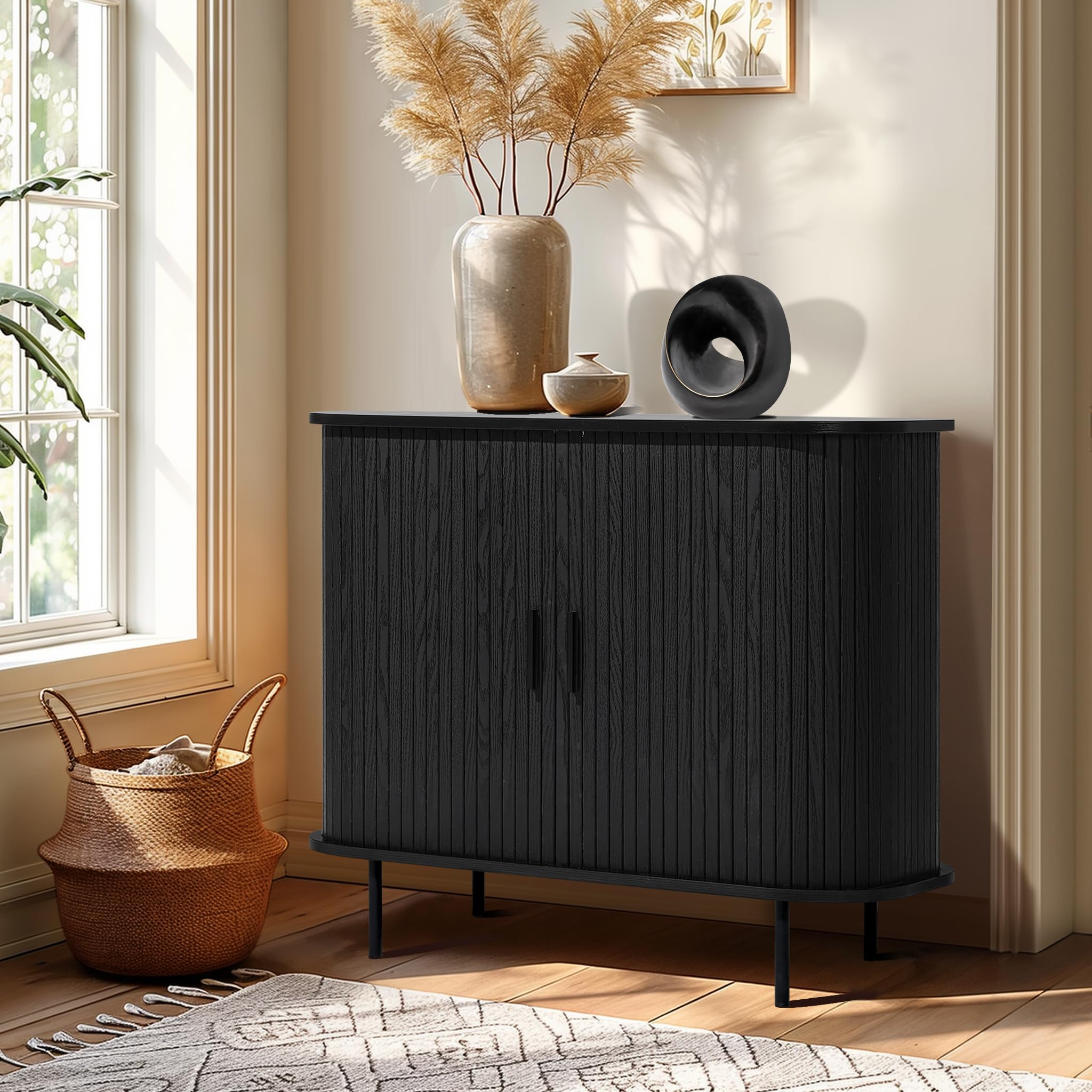 ミッドセンチュリー調 サイドボード キャビネット 引き戸 収納 Amazon.co.jp: LuxenHome ミッドセンチュリーモダン2ドアアクセント